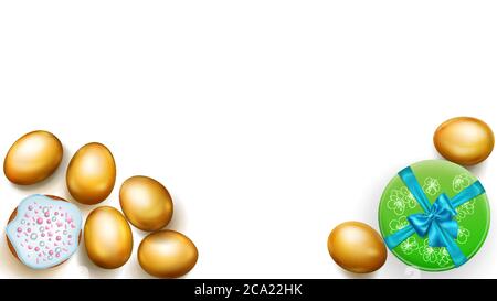 Realistic golden Easter eggs, tasty cake and beautiful gift box with bow on white background Stock Vector