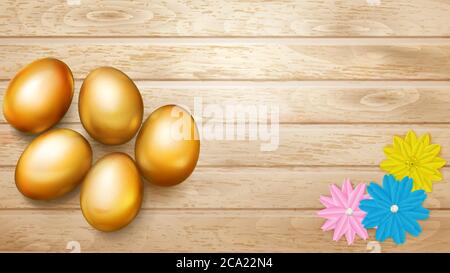Realistic golden Easter eggs with shadows and several flowers on wooden planks Stock Vector