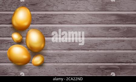 Realistic golden Easter eggs with shadows on wooden planks Stock Vector