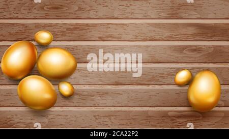 Realistic golden Easter eggs with shadows on wooden planks Stock Vector