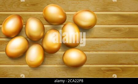Realistic golden Easter eggs with shadows on wooden planks Stock Vector