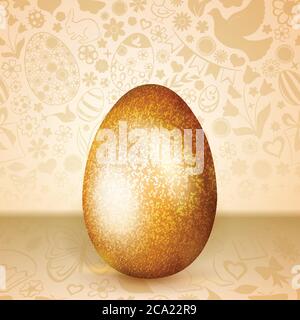 Big golden Easter egg standing on background of flowers, cakes, hare, chicken and other holiday symbols Stock Vector