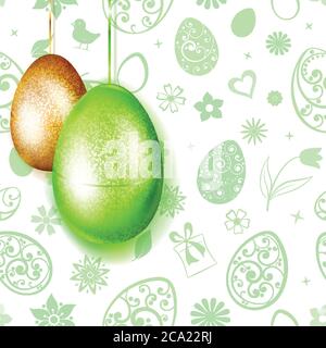 Golden and green Easter eggs hanging on green background of flowers, leaves, hearts and other holiday symbols Stock Vector