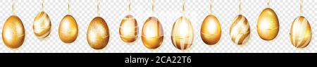 Horizontal banner of golden Easter eggs with stripes and without hanging on transparent background Stock Vector