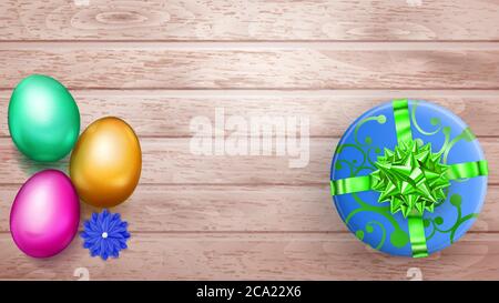 Realistic colored Easter eggs and beautiful gift box with bow on wooden planks Stock Vector