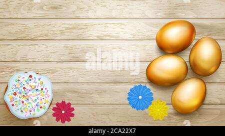 Realistic golden Easter eggs and tasty cake on wooden planks Stock Vector