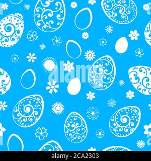 Seamless pattern of Easter eggs and flowers, white on light blue Stock Vector