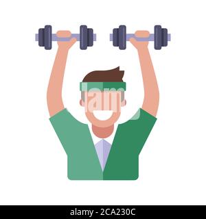 man lifts dumbbells at home. playing sports. Flat character vector illustration. Stock Vector