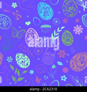 Seamless pattern of eggs, flowers, cakes, hen, chicken and other Easter symbols, multicolored on blue Stock Vector