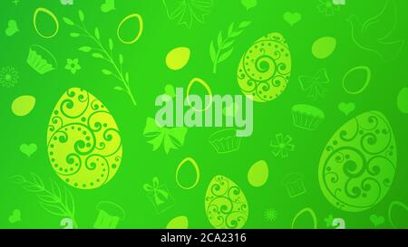 Background of eggs, flowers, cake, gift box and other Easter symbols in green colors Stock Vector