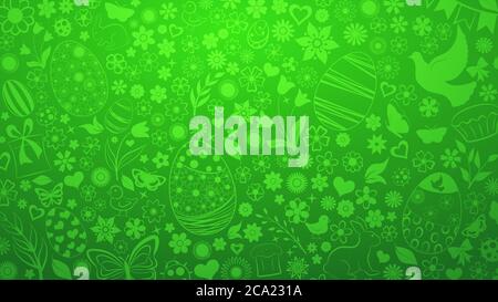 Background of eggs, flowers, cakes, hare, hen, chicken and other Easter symbols in green colors Stock Vector