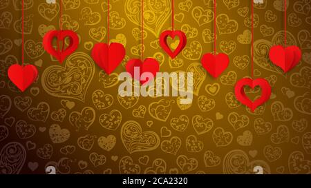 Background with hanging paper volume hearts, red on golden Stock Vector