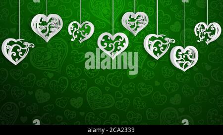 Background with hanging paper volume hearts with curls, white on green Stock Vector