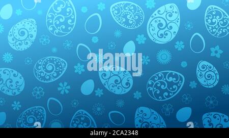 Background of Easter eggs and flowers in blue colors Stock Vector