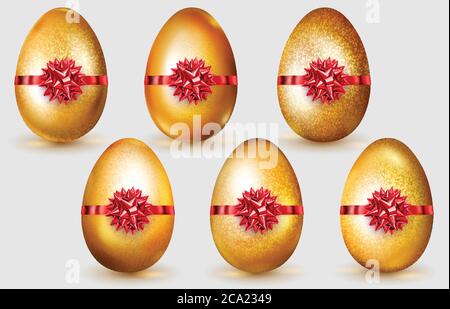 Set of realistic golden Easter eggs with red bows, glares and soft shadows on white background Stock Vector