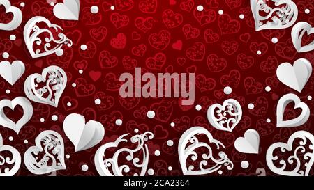 Background with paper volume hearts with curls and confetti, white on red Stock Vector