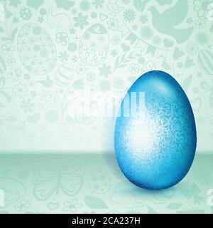 Big light blue Easter egg standing on green background of flowers, cakes, hare, chicken and other holiday symbols Stock Vector