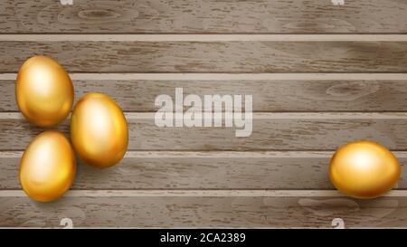 Realistic golden Easter eggs with shadows on wooden planks Stock Vector