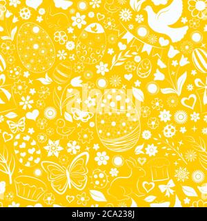 Seamless pattern of eggs, flowers, cakes, hare, hen, chicken and other Easter symbols, white on yellow Stock Vector