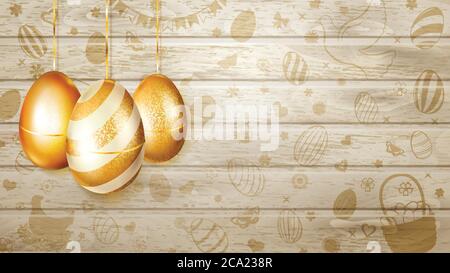 Several golden Easter eggs hanging on background of wooden planks with holyday symbols like flowers, cakes, hare, hen, chicken, bow and other Stock Vector