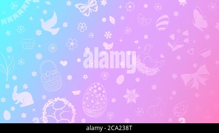 Background of eggs, flowers, cakes, hare, hen, chicken and other Easter symbols in pink and light blue colors Stock Vector