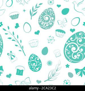 Seamless pattern of eggs, flowers, cake, gift box and other Easter symbols, green on white Stock Vector