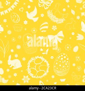 Seamless pattern of eggs, flowers, cakes, hare, hen, chicken and other Easter symbols in yellow colors Stock Vector