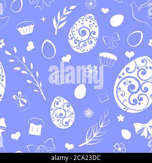 Seamless pattern of eggs, flowers, cake, gift box and other Easter symbols, white on blue Stock Vector