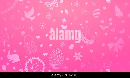 Background of eggs, flowers, cakes, hare, hen, chicken and other Easter symbols in pink colors Stock Vector