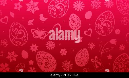 Background of eggs, flowers, gift box, chicken and other Easter symbols in red colors Stock Vector