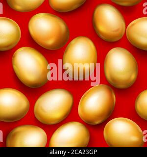 Seamless pattern of realistic golden Easter eggs with shadows on red background Stock Vector