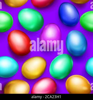 Seamless pattern of realistic colored Easter eggs with shadows on purple background Stock Vector
