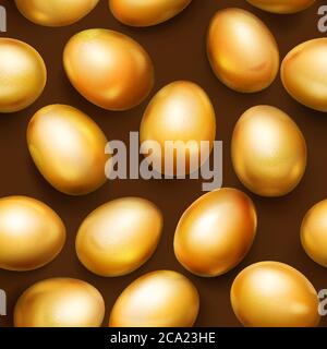 Seamless pattern of realistic golden Easter eggs with shadows on brown background Stock Vector
