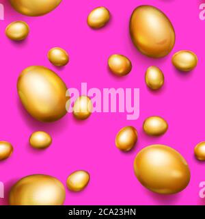 Seamless pattern of realistic golden Easter eggs with shadows on pink background Stock Vector