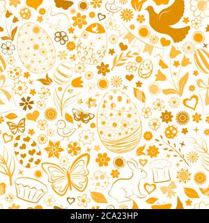 Seamless pattern of eggs, flowers, cakes, hare, hen, chicken and other Easter symbols, brown on white Stock Vector