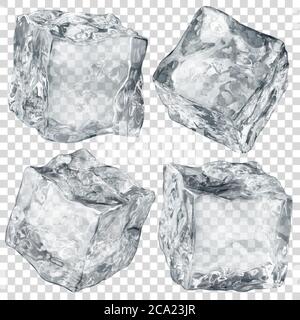 Set of four realistic translucent ice cubes in gray color isolated on transparent background. Transparency only in vector format Stock Vector