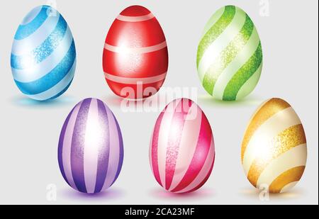 Set of realistic multicolored Easter eggs with glares, light stripes and soft shadows on white background Stock Vector