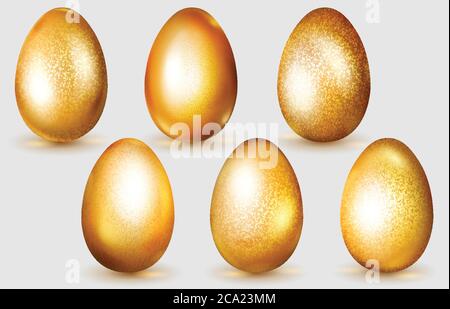 Set of realistic golden Easter eggs with glares and soft shadows on white background Stock Vector
