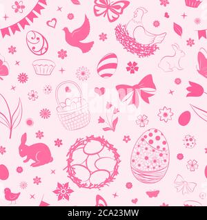 Seamless pattern of eggs, flowers, cakes, hare, hen, chicken and other Easter symbols in pink colors Stock Vector
