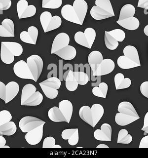 Seamless pattern of many paper volume hearts, white on black Stock Vector