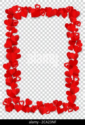 Vertical rectangle frame consisting of many small red paper hearts on transparent background Stock Vector