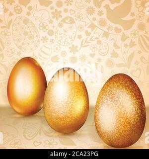 Three golden Easter eggs standing on background of flowers, cakes, hare, chicken and other holiday symbols Stock Vector