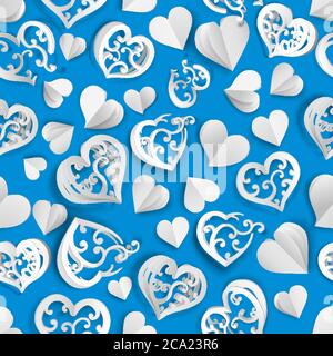 Seamless pattern of many paper volume hearts with holes and without, white on light blue Stock Vector