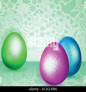 Three colored Easter eggs standing on turquoise background of flowers, cakes, hare, chicken and other holiday symbols Stock Vector