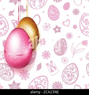Golden and pink Easter eggs hanging on background of flowers, leaves, hearts and other holiday symbols Stock Vector