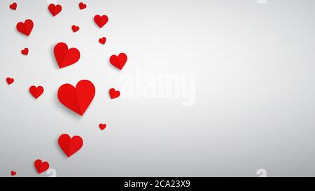 Background with many paper volume hearts with holes, in red colors ...