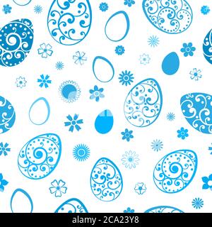 Seamless pattern of Easter eggs and flowers, light blue on white Stock Vector