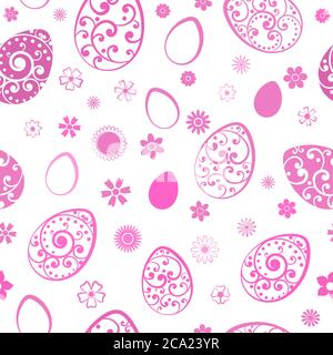 Seamless pattern of Easter eggs and flowers, pink on white Stock Vector
