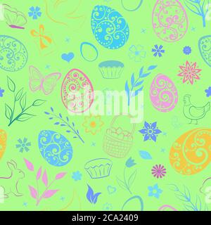 Seamless pattern of eggs, flowers, cakes, hen, chicken and other Easter symbols, multicolored on green Stock Vector