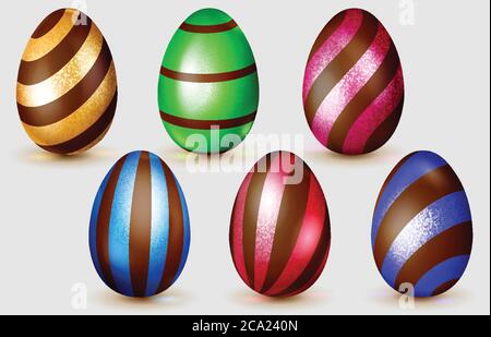 Set of realistic multicolored Easter eggs with glares, chocolate stripes and soft shadows on white background Stock Vector